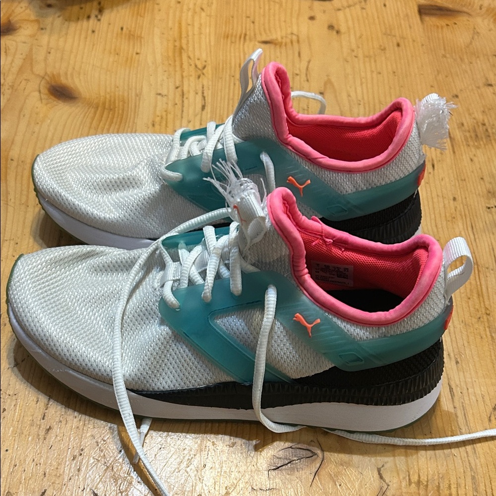 Puma Women’s Teal and White Sneakers with Pink Accents 7.5